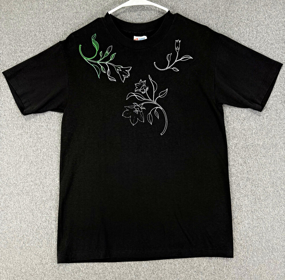 Vintage Hanes Heavyweight 50/50 Black Floral Graphic Tee Mens Medium USA Made